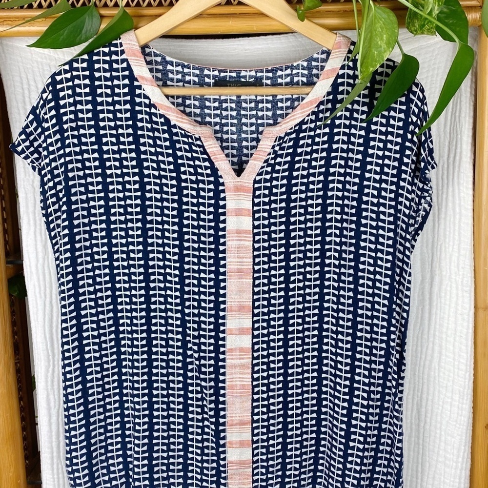 THML navy print‎ blouse y neck with design​​​​​